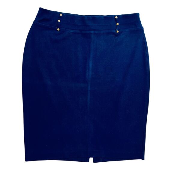 NYCC New York Clothing Co. Navy Stretch Pencil Skirt with Gold Buttons – Size L - Picture 1 of 5
